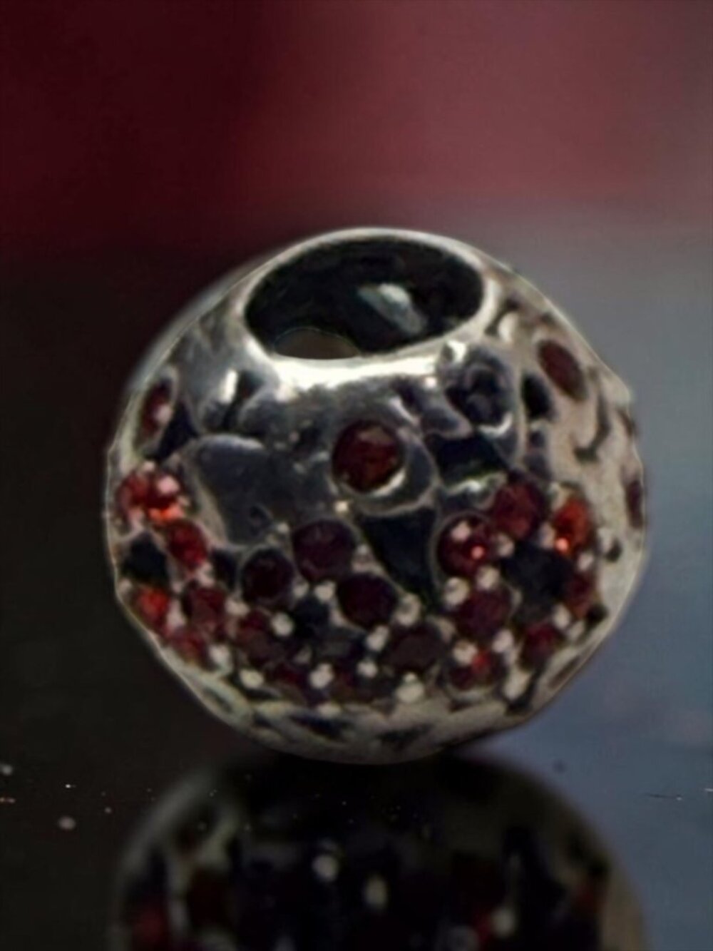 Chamilia Sterling Silver Red Crystal Floral Heart Smooth Core Charm 925